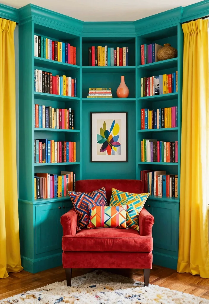 12 Living Room Library Ideas for Reading Corners 9. Bold Color Choices 0