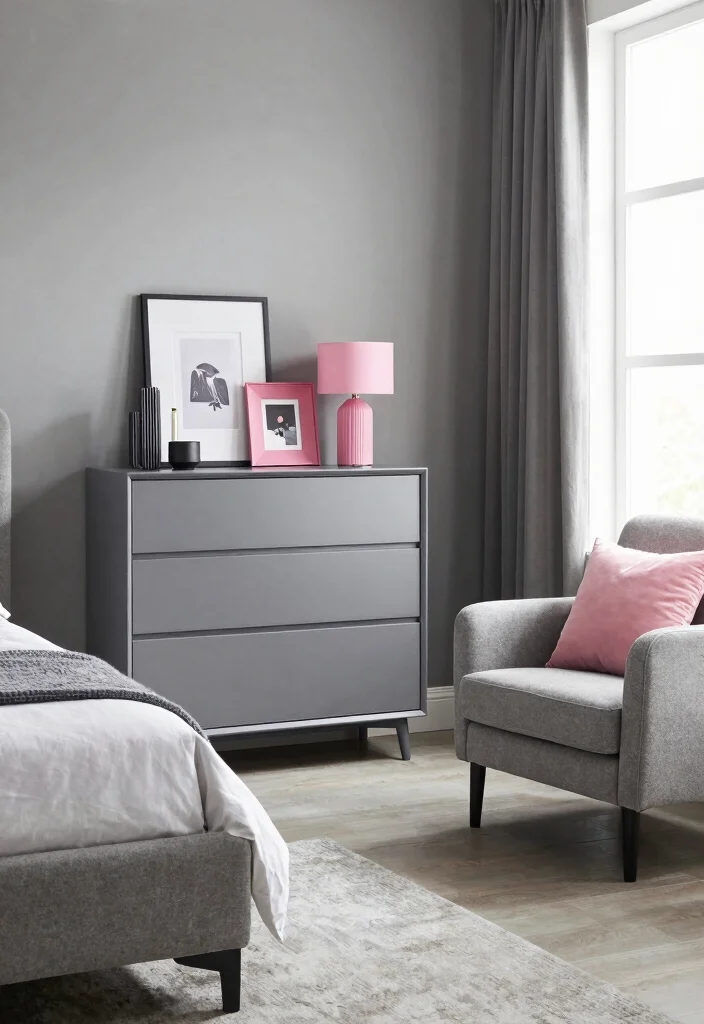 12 Pink and Grey Bedroom Ideas with Balanced Contrast 13 12 Pink and Grey Bedroom Ideas with Balanced Contrast 3. Grey Furniture with Pink Accents 0