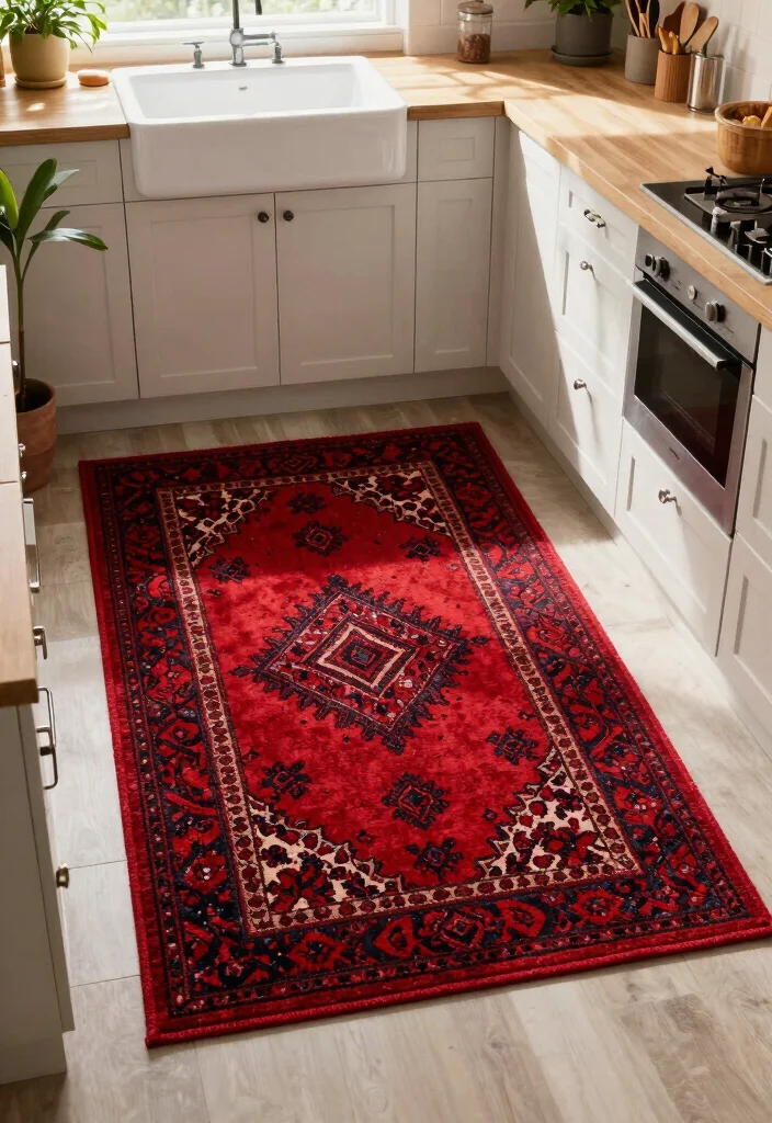 12 Red Kitchen Decor Ideas for Bold Personality 7. Vibrant Red Rugs 0