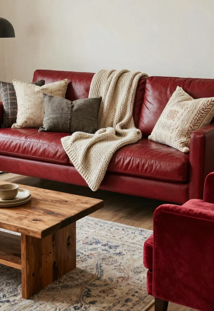 12 Red Leather Sofa Living Room Ideas with Bold Style 13 12 Red Leather Sofa Living Room Ideas with Bold Style 3. Mixing Textures 0