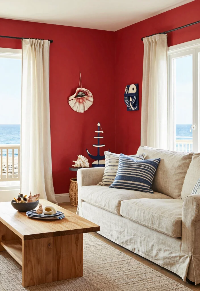 12 Red Wall Living Room Ideas for Bold Interiors 50 12 Red Wall Living Room Ideas for Bold Interiors 10. Coastal Vibes 0