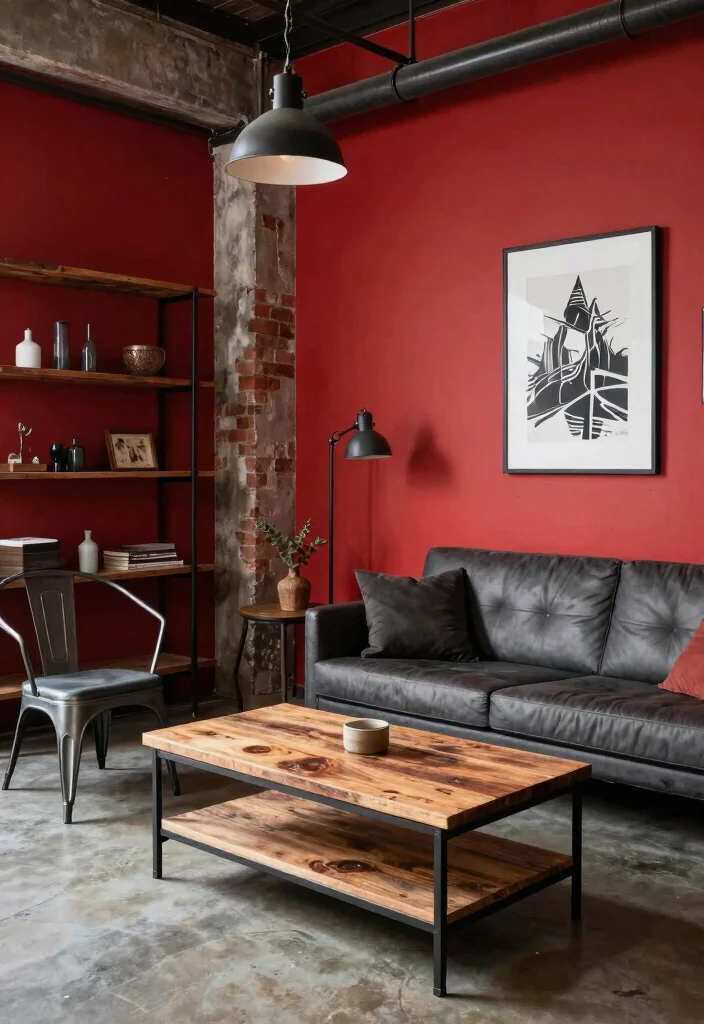 12 Red Wall Living Room Ideas for Bold Interiors 51 12 Red Wall Living Room Ideas for Bold Interiors 11. Industrial Edge 0