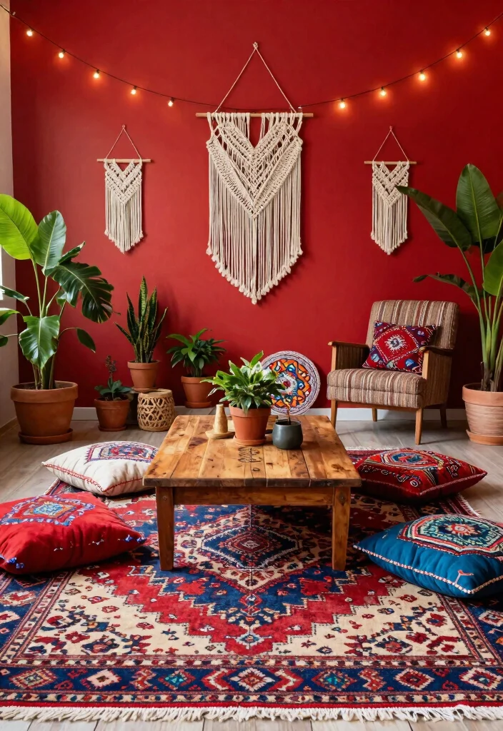 12 Red Wall Living Room Ideas for Bold Interiors 12 12 Red Wall Living Room Ideas for Bold Interiors 2. Bohemian Bliss 0