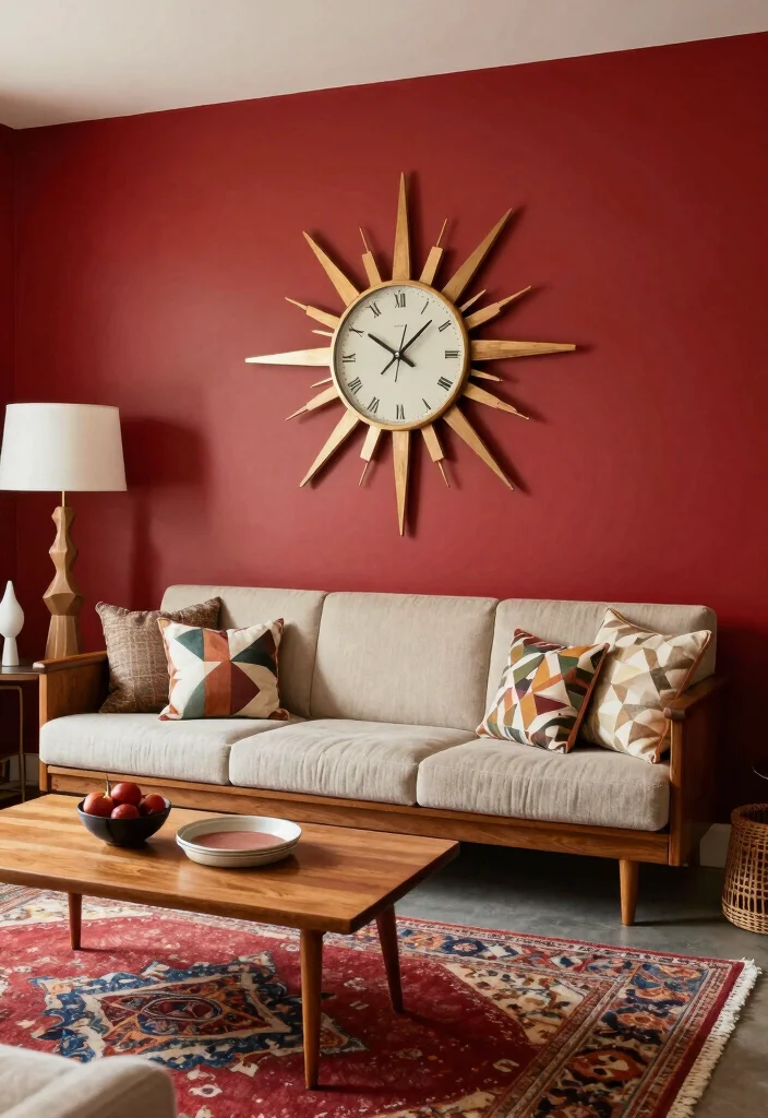 12 Red Wall Living Room Ideas for Bold Interiors 23 12 Red Wall Living Room Ideas for Bold Interiors 3. Mid Century Modern Marvel 0