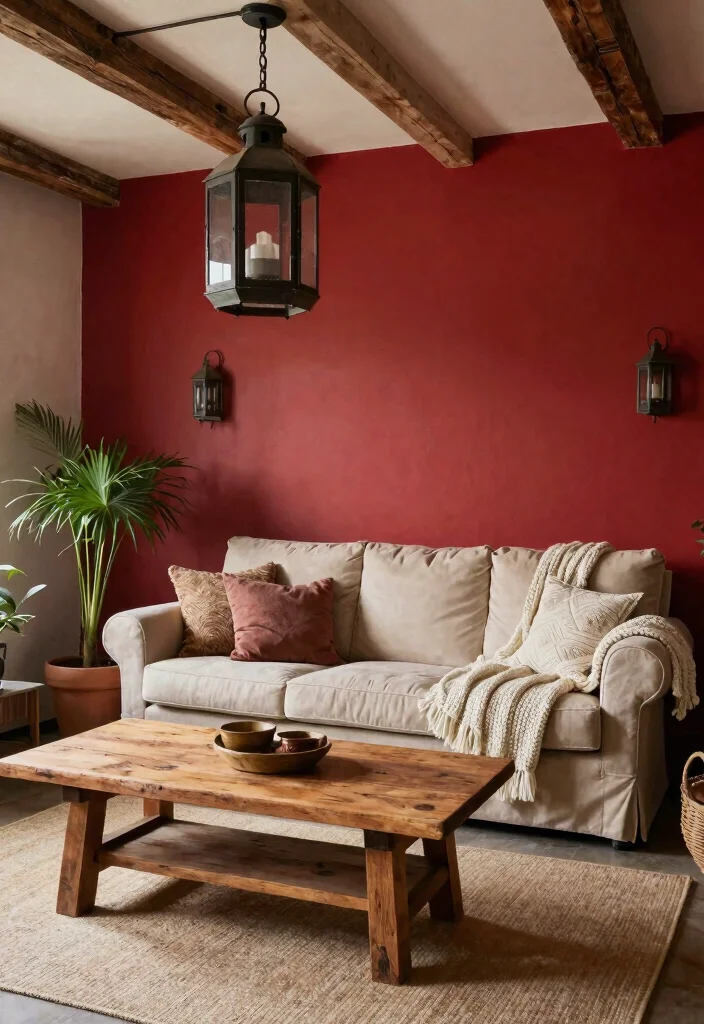 12 Red Wall Living Room Ideas for Bold Interiors 25 12 Red Wall Living Room Ideas for Bold Interiors 5. Rustic Charm 0