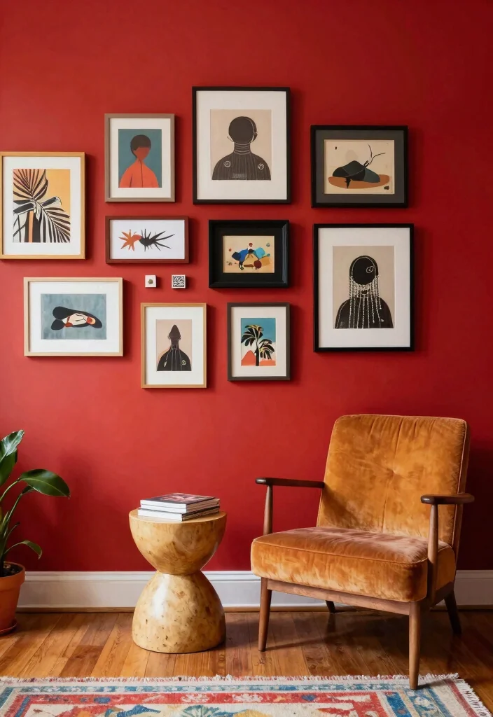 12 Red Wall Living Room Ideas for Bold Interiors 26 12 Red Wall Living Room Ideas for Bold Interiors 6. Eclectic Gallery 0