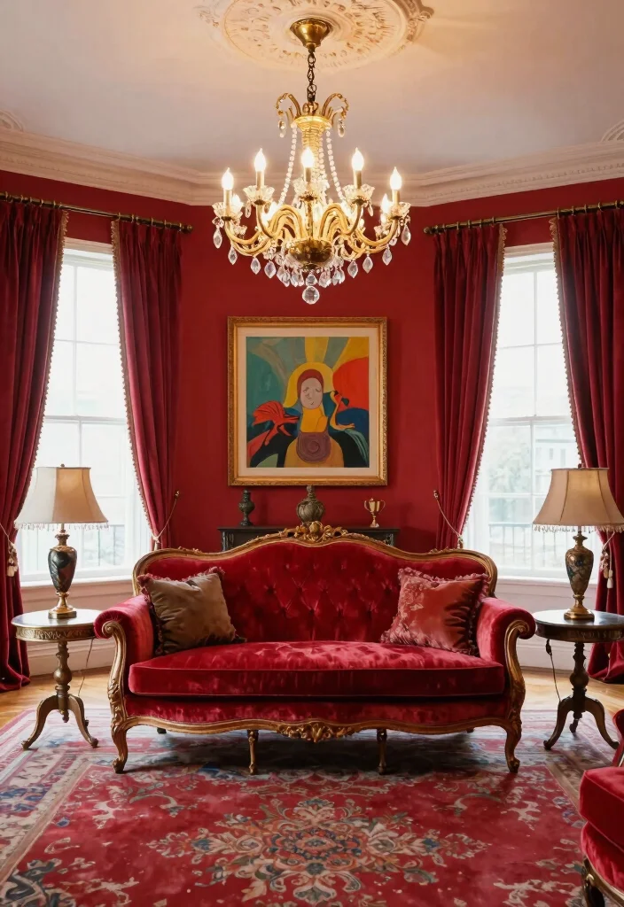 12 Red Wall Living Room Ideas for Bold Interiors 28 12 Red Wall Living Room Ideas for Bold Interiors 8. Vintage Glam 0