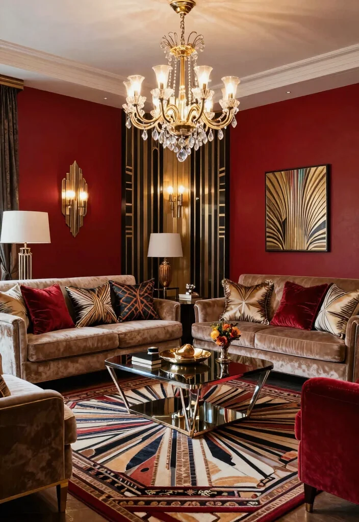 12 Red Wall Living Room Ideas for Bold Interiors 39 12 Red Wall Living Room Ideas for Bold Interiors 9. Art Deco Inspiration 0
