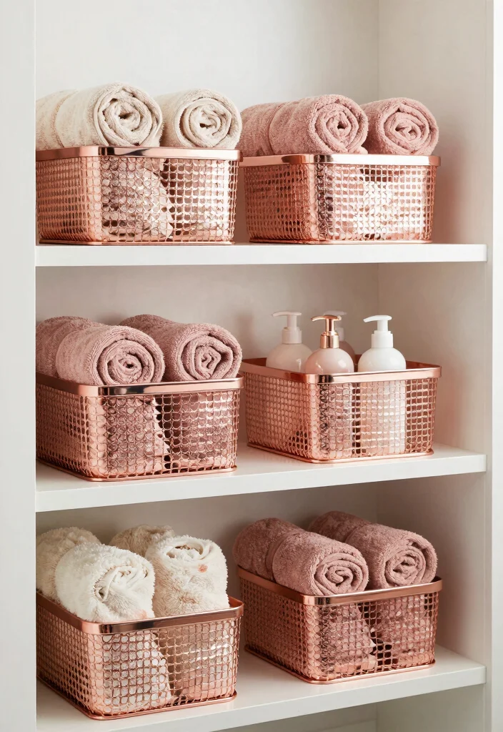12 Rose Gold Bathroom Decor Ideas for a Soft Luxury Touch 51 12 Rose Gold Bathroom Decor Ideas for a Soft Luxury Touch 11. Rose Gold Baskets for Storage 0