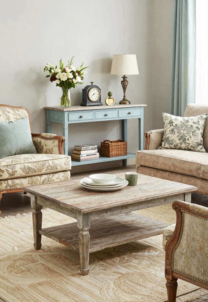 12 Shabby Chic Living Room Ideas with Soft Vintage Charm 2. Distressed Furniture Collection 0