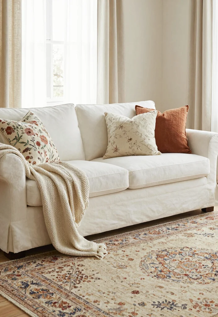 12 Shabby Chic Living Room Ideas with Soft Vintage Charm 4. Layered Textiles 0