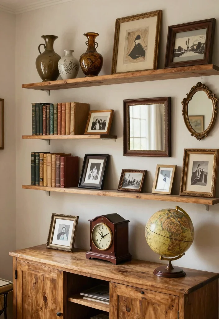 12 Shabby Chic Living Room Ideas with Soft Vintage Charm 5. Vintage Finds Display 0