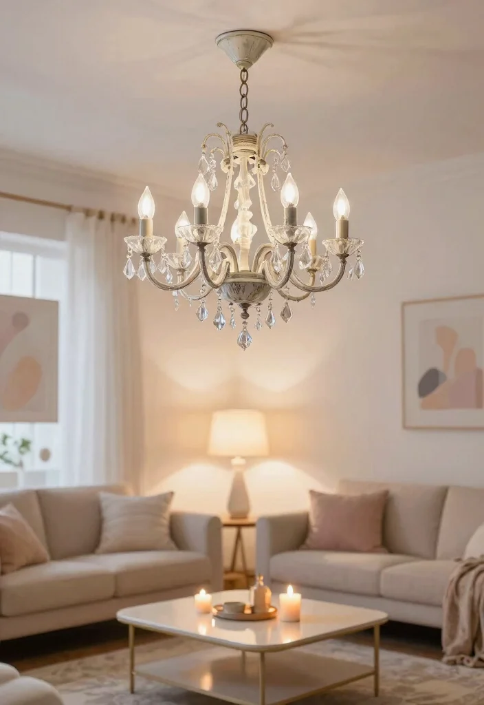 12 Shabby Chic Living Room Ideas with Soft Vintage Charm 8. Statement Lighting Fixtures 0
