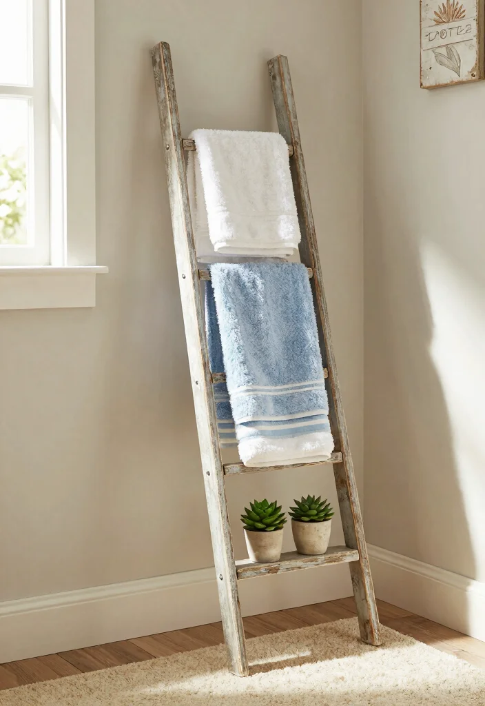 12 Small Farmhouse Bathroom Ideas with Cozy Rustic Details 1 12 Small Farmhouse Bathroom Ideas with Cozy Rustic Details 1. Vintage Ladder Towel Rack 0