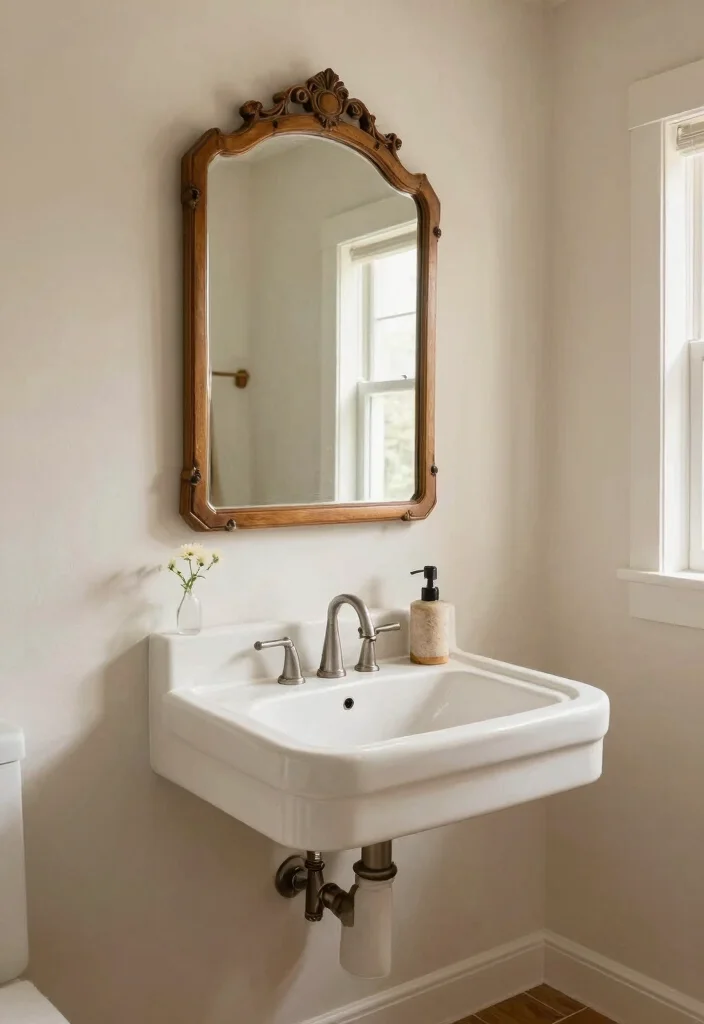 12 Small Farmhouse Bathroom Ideas with Cozy Rustic Details 23 12 Small Farmhouse Bathroom Ideas with Cozy Rustic Details 3. Vintage Mirrors for Depth 0