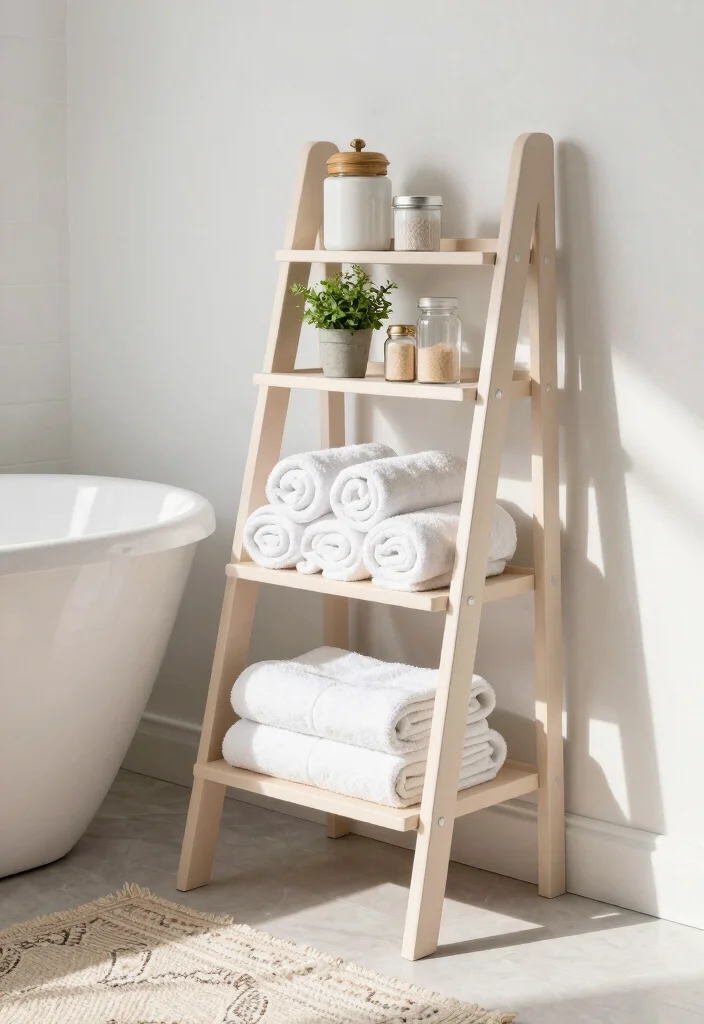 12 Wall Mounted Bathroom Shelving Ideas for Extra Storage 14 12 Wall Mounted Bathroom Shelving Ideas for Extra Storage 4. Tiered Ladder Shelves 0