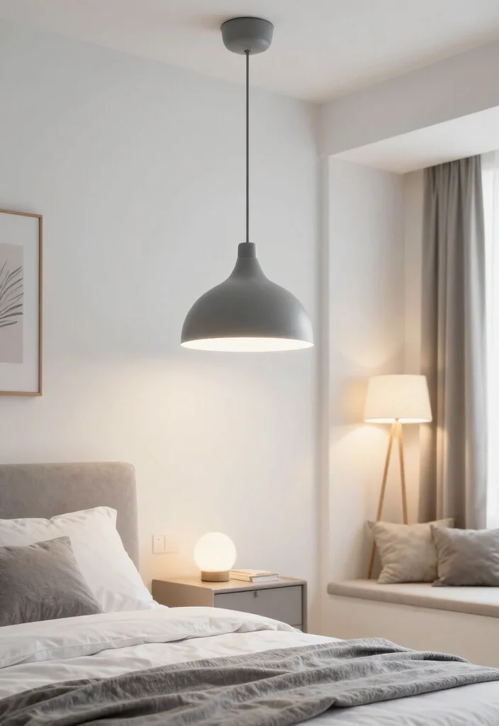 12 White and Grey Bedroom Ideas for Calm Minimal Style 4. Statement Lighting 0