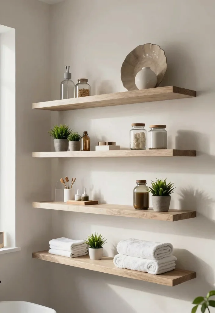 14 Aesthetic Bathroom Decor Ideas with Soft Modern Vibes 5. Floating Shelves 0