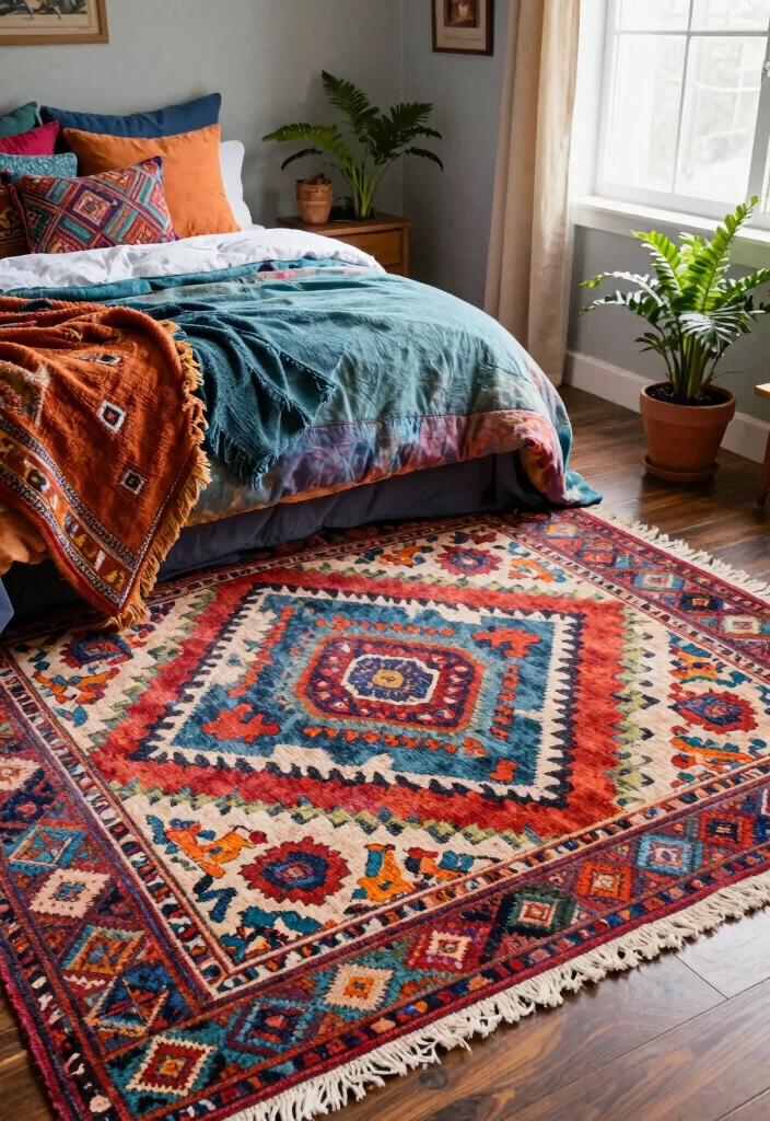 14 Boho Chic Bedroom Ideas with Texture and Personality 26 14 Boho Chic Bedroom Ideas with Texture and Personality 6. Colorful Rugs 0