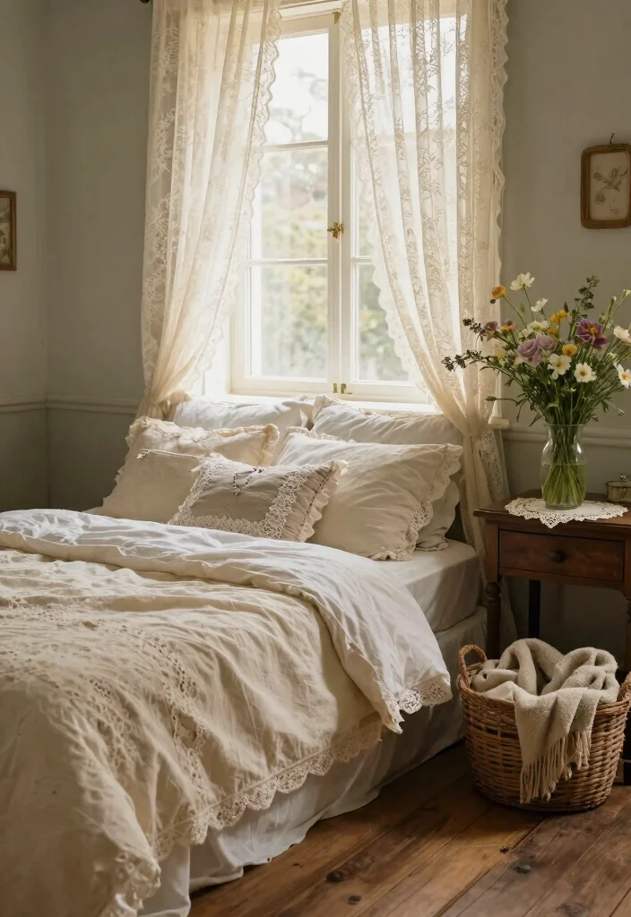 14 French Country Bedroom Ideas with Soft Romantic Style 1. Vintage Lace Accents 0