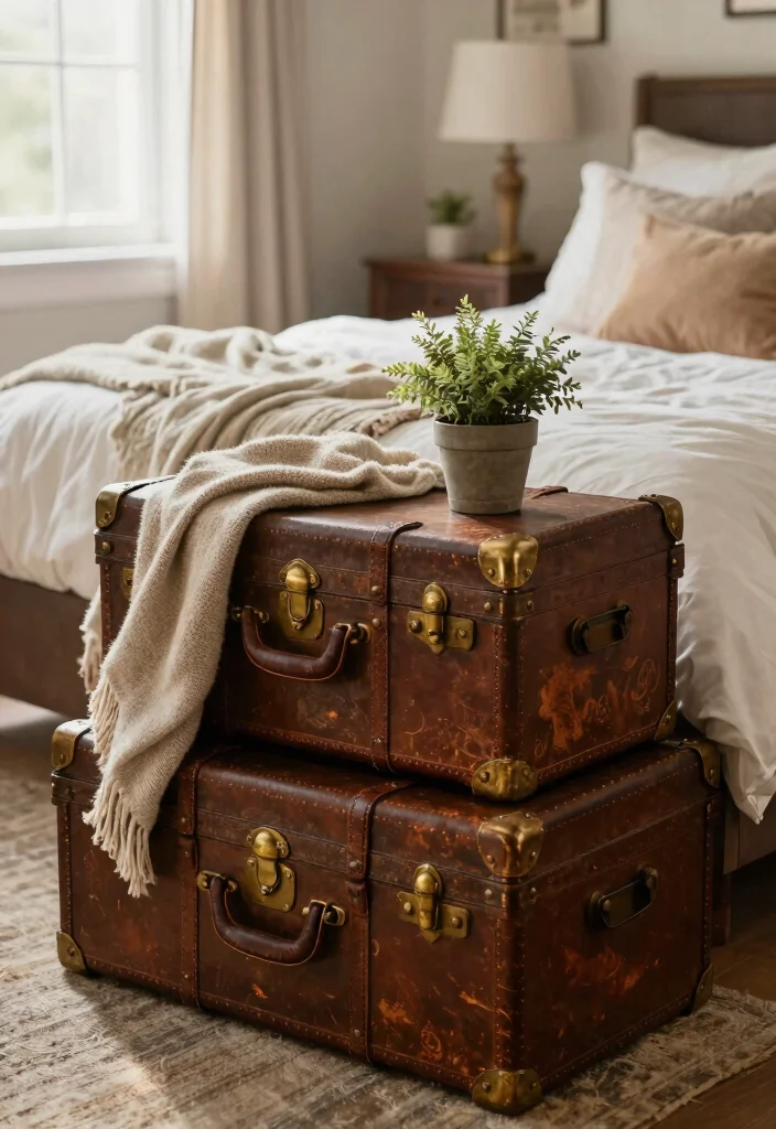 14 French Country Bedroom Ideas with Soft Romantic Style 10. Vintage Trunks and Storage 0