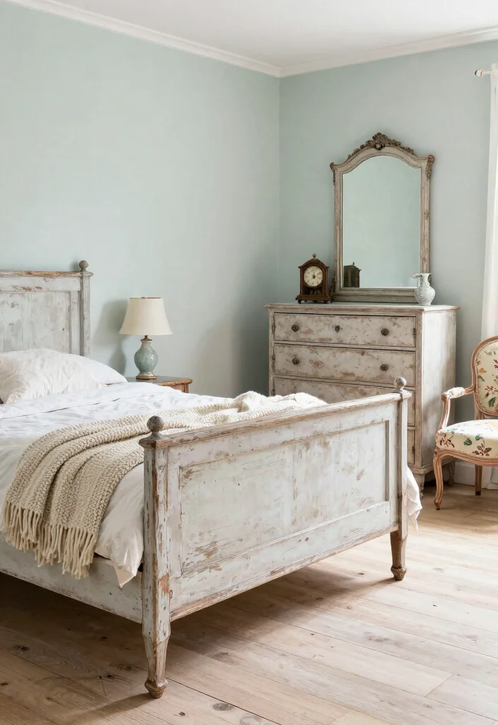 14 French Country Bedroom Ideas with Soft Romantic Style 2. Distressed Furniture Pieces 0