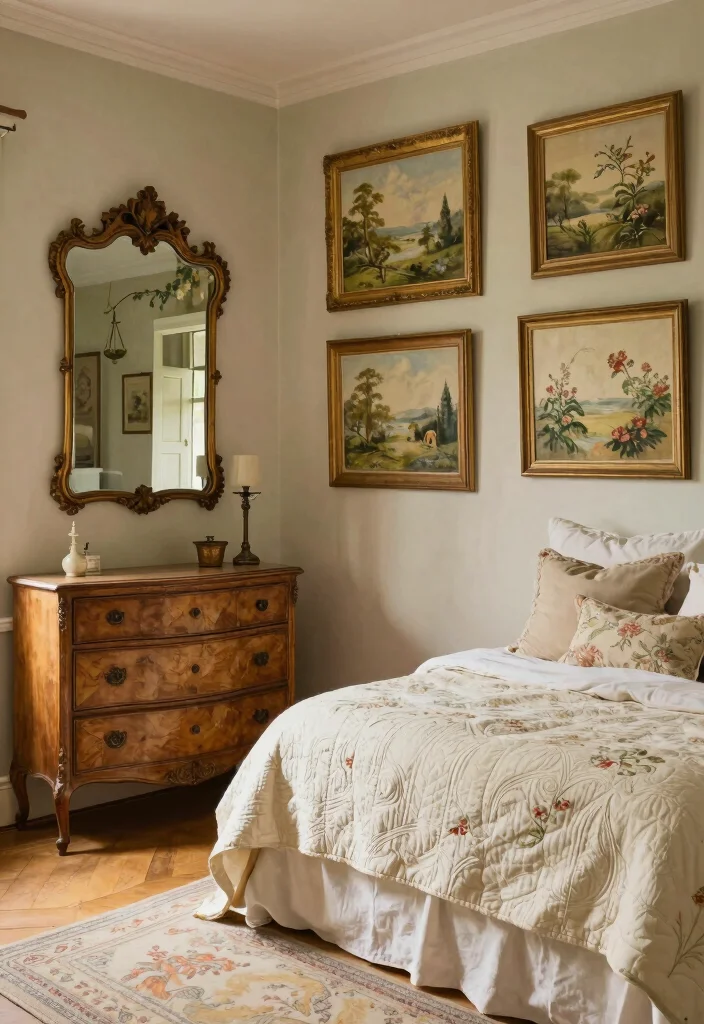 14 French Country Bedroom Ideas with Soft Romantic Style 5. Vintage Artwork and Mirrors 0