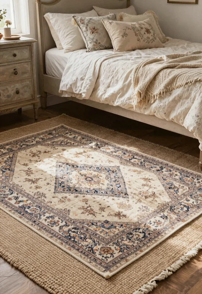 14 French Country Bedroom Ideas with Soft Romantic Style 9. Layered Rugs 0