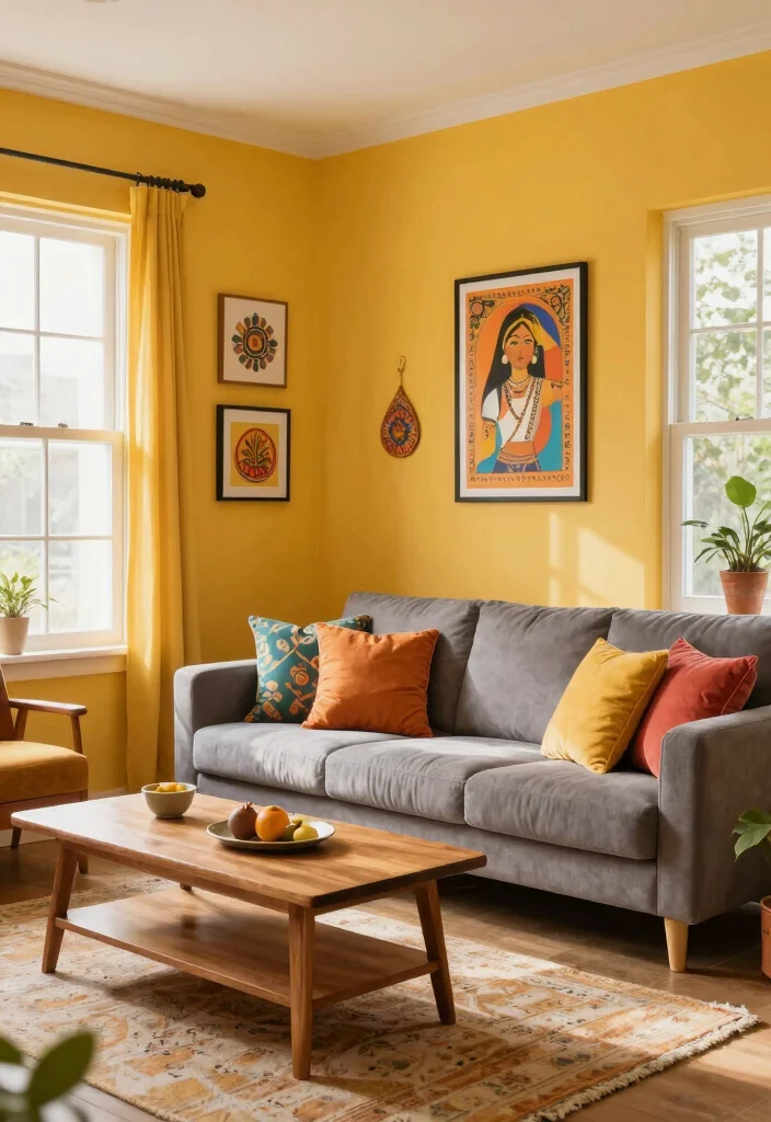 14 Indian Living Room Wall Color Ideas with Warm Tones 11. Soft Marigold 0