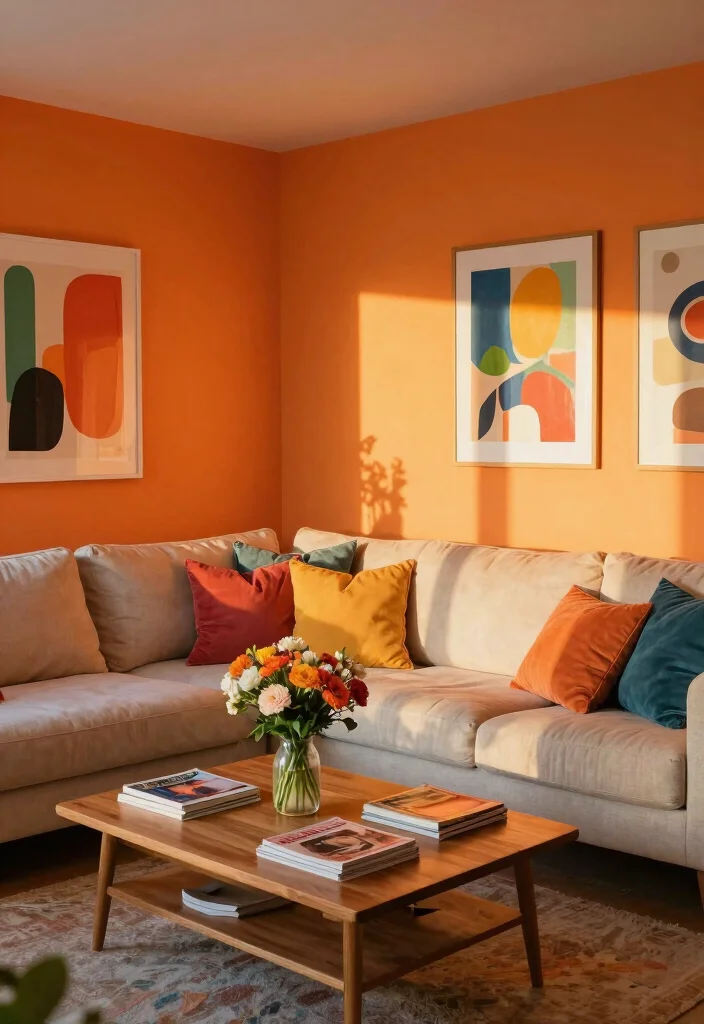 14 Indian Living Room Wall Color Ideas with Warm Tones 12. Sunset Orange 0