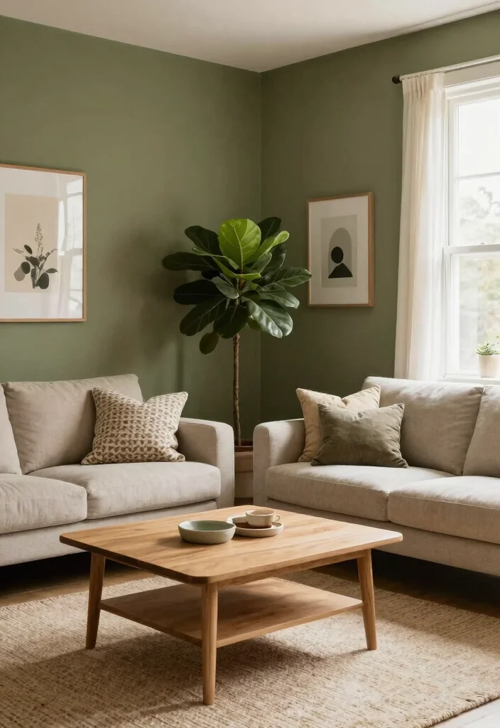 14 Indian Living Room Wall Color Ideas with Warm Tones 5. Earthy Olive Green 0