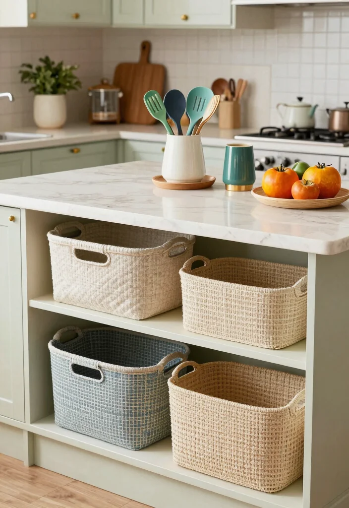 14 Kitchen Island Storage Layout Ideas for Better Function 10. Customized Baskets and Bins 0