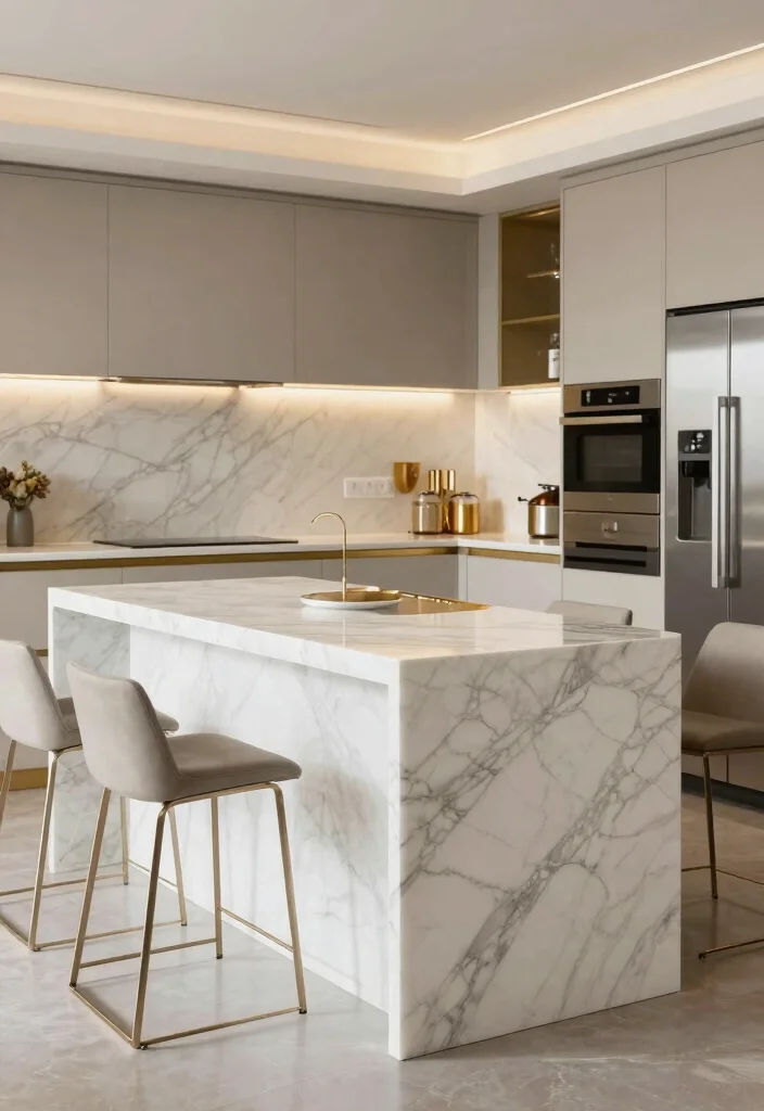 14 Kitchen Peninsula Ideas with Seating for Small Spaces 12. Elegant Marble Peninsula 0