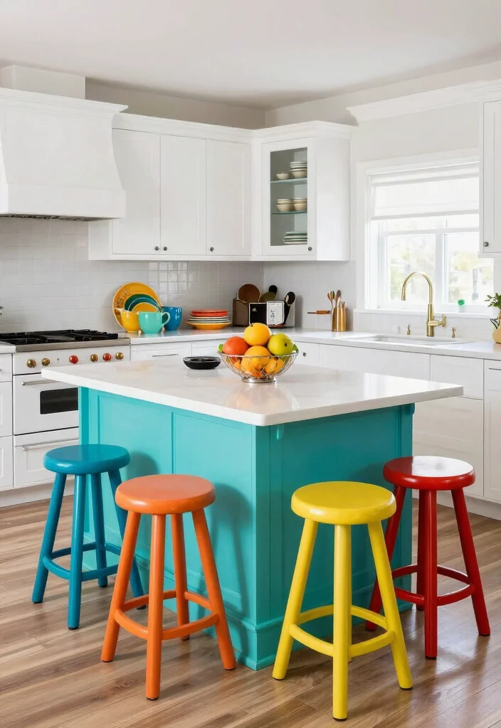 14 Kitchen Peninsula Ideas with Seating for Small Spaces 7. Color Pop Peninsula 0