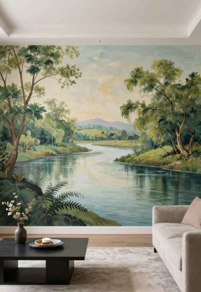 14 Living Room Wall Accent Ideas for Visual Interest 10. Hand Painted Wall Mural 0