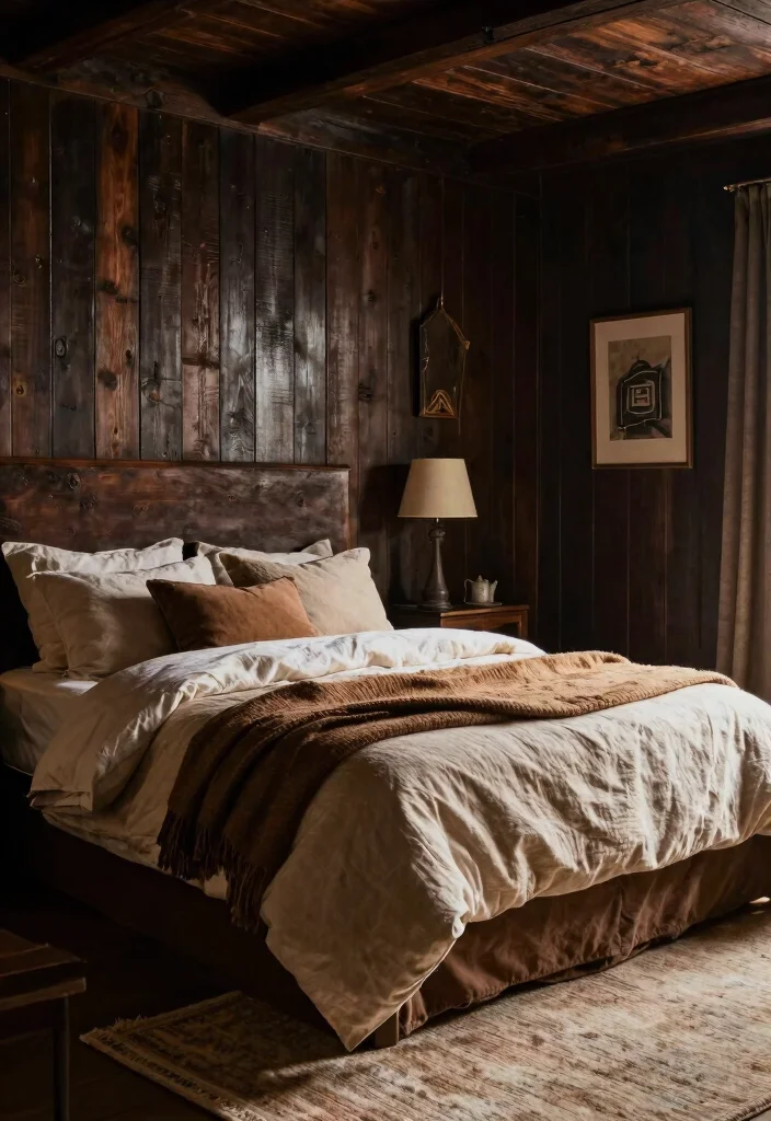 14 Luxury Dark Bedroom Ideas with a Rich Cozy Mood 13. Dark Rustic Charm 0