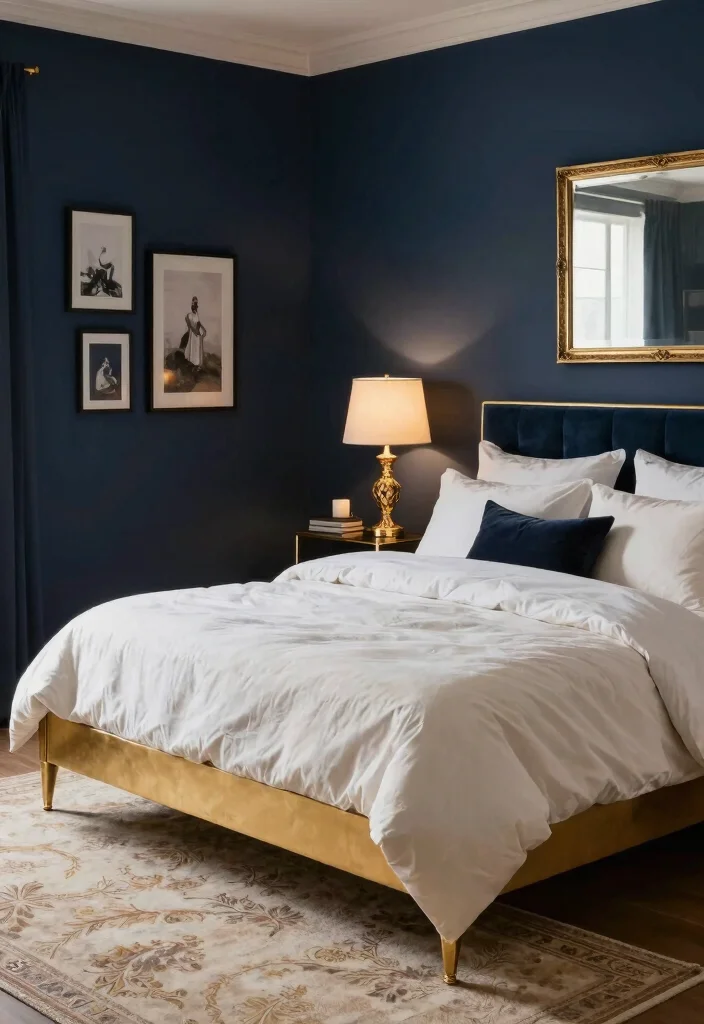 14 Luxury Dark Bedroom Ideas with a Rich Cozy Mood 6. Timeless Navy with Gold Accents 0