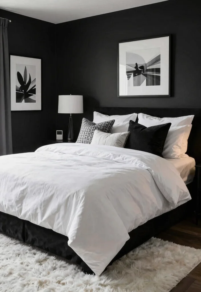 14 Luxury Dark Bedroom Ideas with a Rich Cozy Mood 8. Soft Black and White Contrast 0