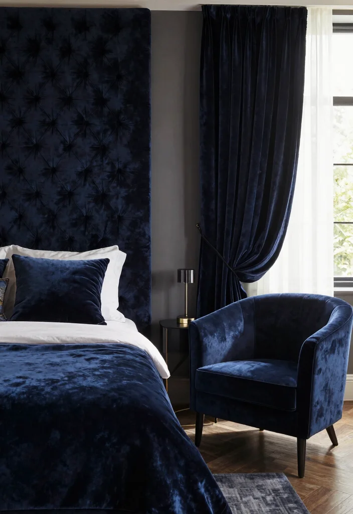 14 Luxury Dark Bedroom Ideas with a Rich Cozy Mood 9. Velvet Touches for Luxury 0
