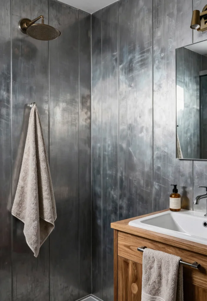14 Modern Bathroom Wainscoting Ideas for Added Texture 8. Industrial Style with Metal Wainscoting 0